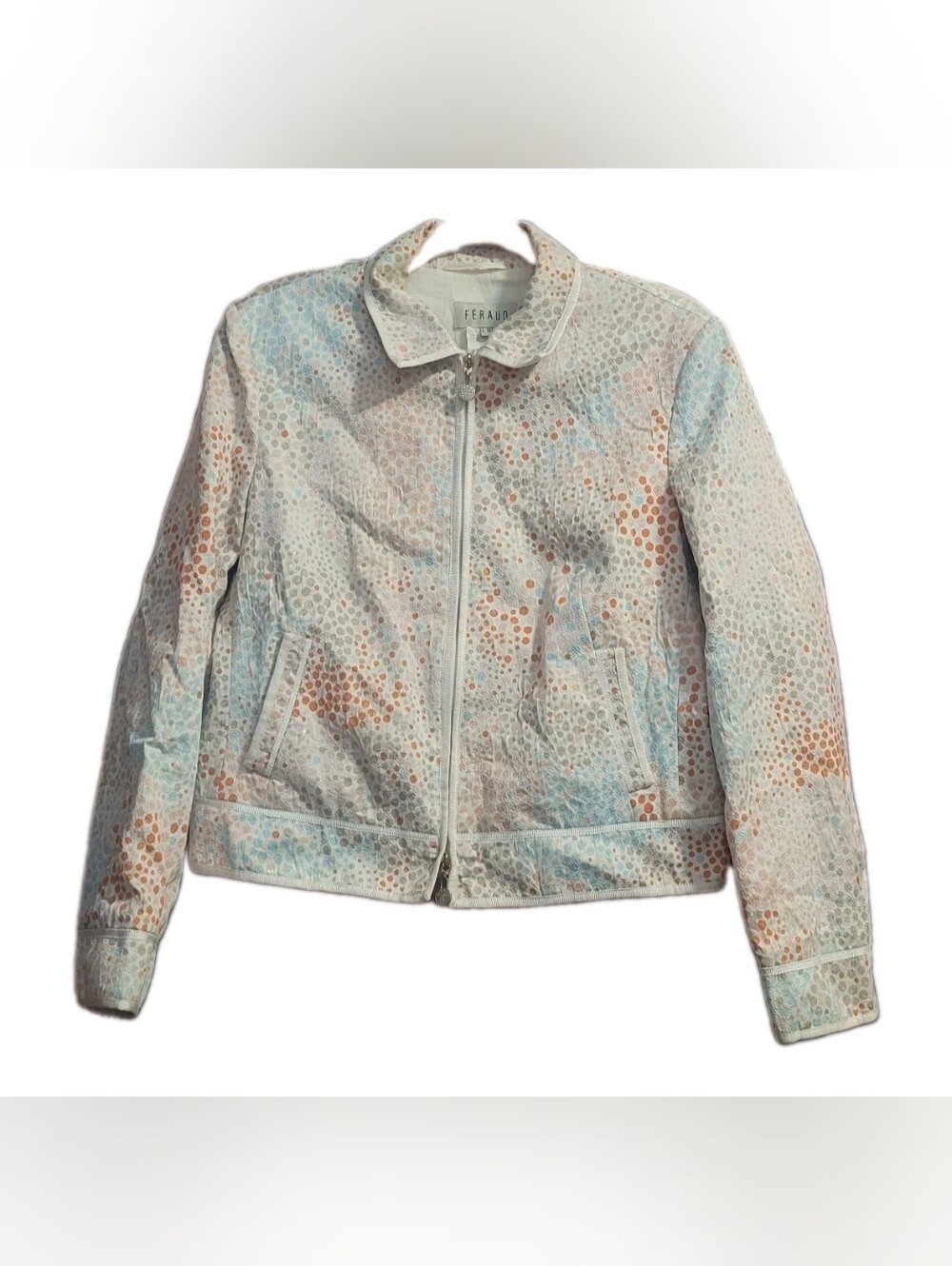 Vtg Louis Feraud White Abstract Dot Motif Jacket Full Zip Collared Welt Pockets